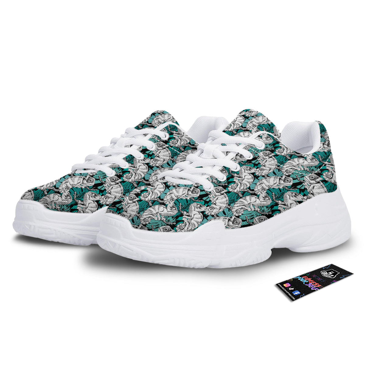 Drawing Chameleon And Monstera Leaf Print Pattern White Chunky Shoes-grizzshop