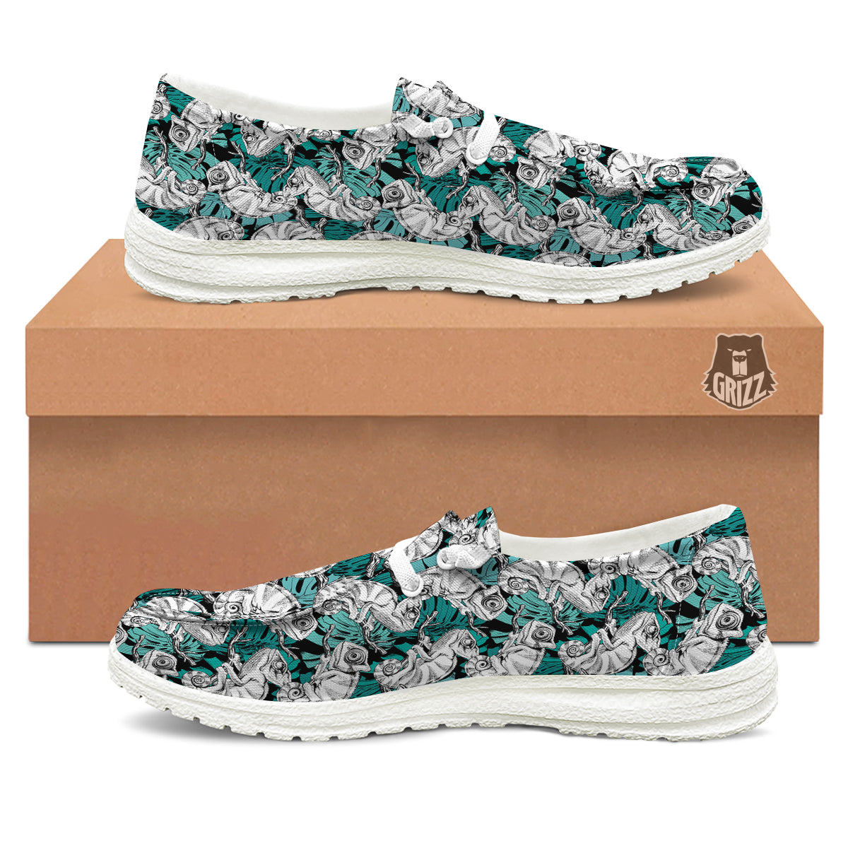 Drawing Chameleon And Monstera Leaf Print Pattern White Loafers-grizzshop
