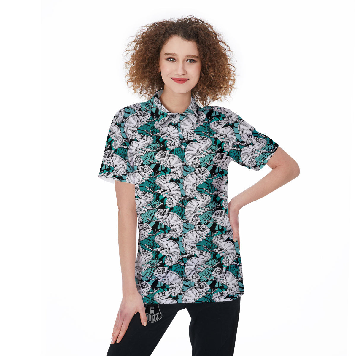 Drawing Chameleon And Monstera Leaf Print Pattern Women's Golf Shirts-grizzshop