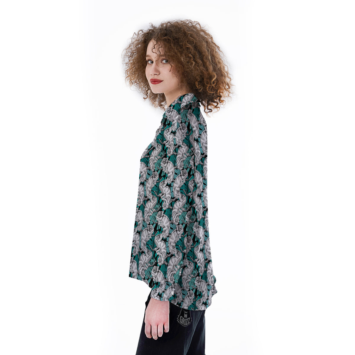 Drawing Chameleon And Monstera Leaf Print Pattern Women's Long Sleeve Shirts-grizzshop