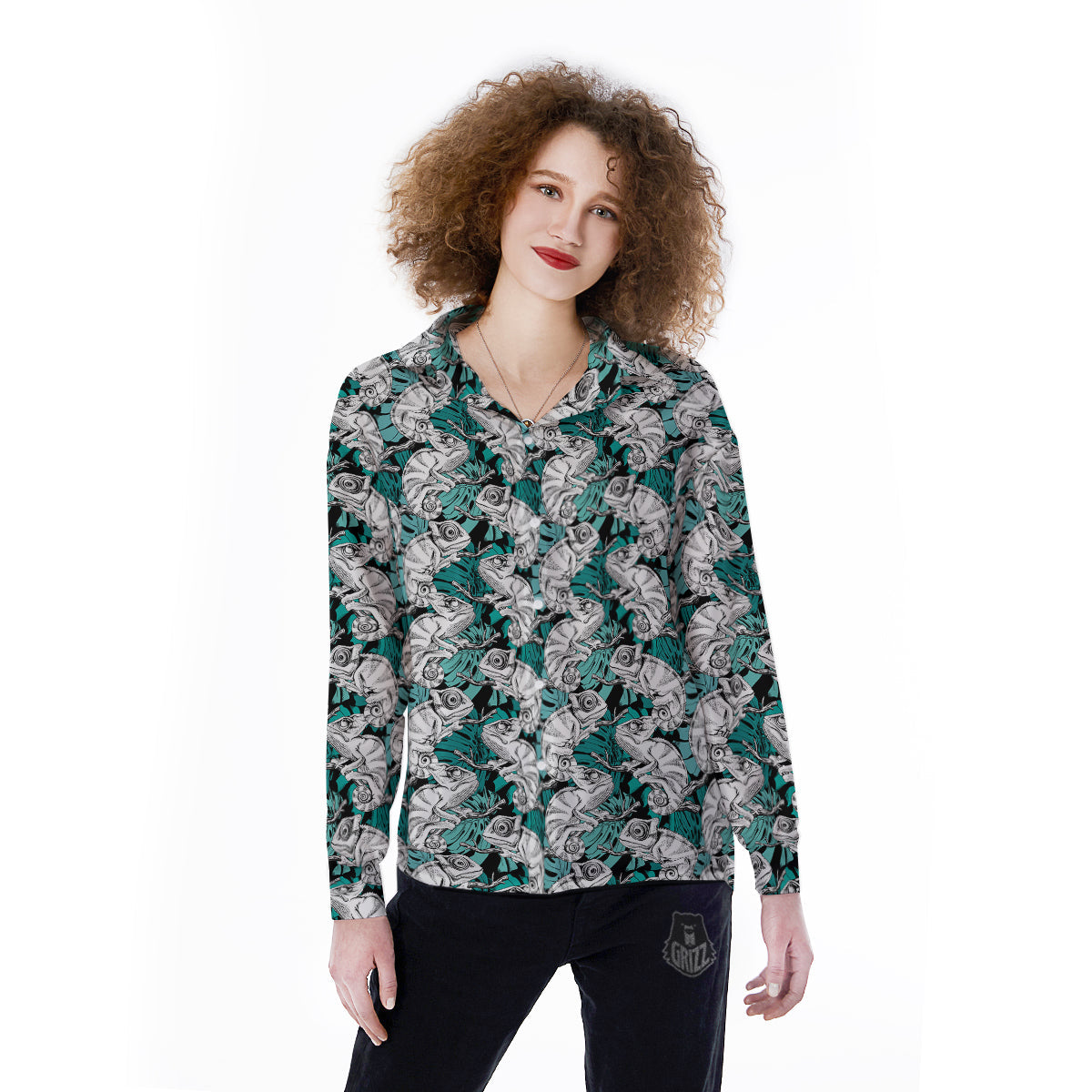 Drawing Chameleon And Monstera Leaf Print Pattern Women's Long Sleeve Shirts-grizzshop