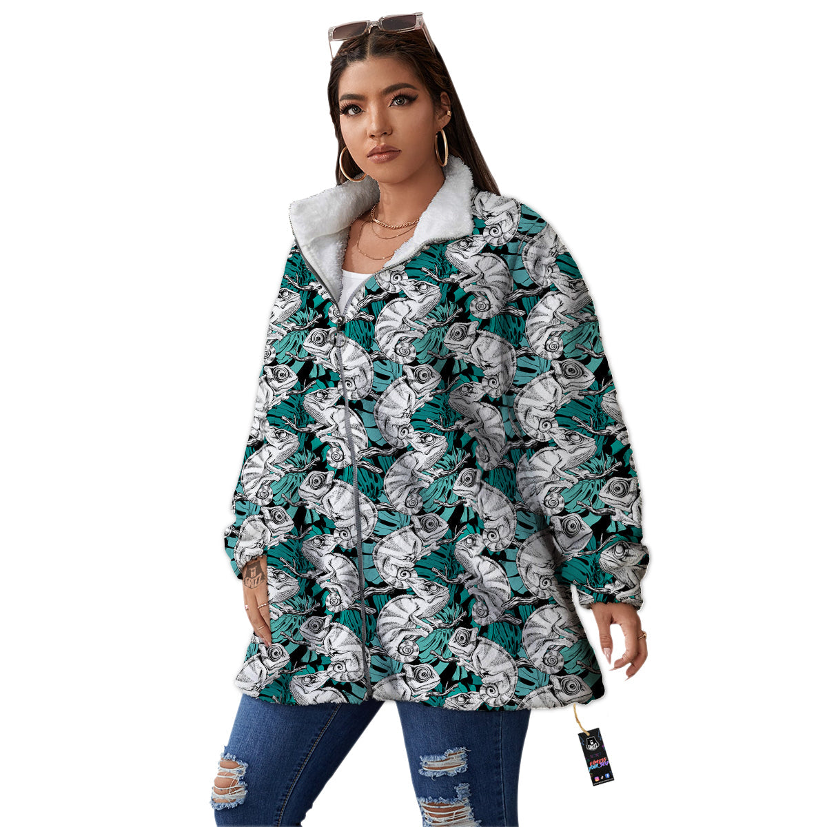 Drawing Chameleon And Monstera Leaf Print Pattern Women's Sherpa Jacket-grizzshop