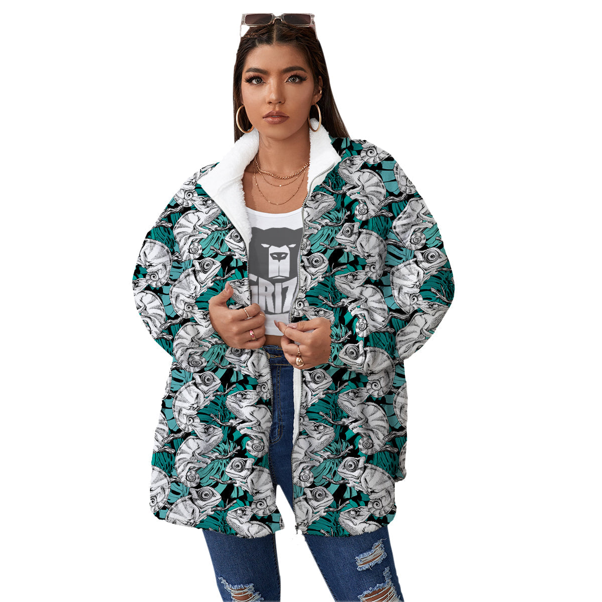 Drawing Chameleon And Monstera Leaf Print Pattern Women's Sherpa Jacket-grizzshop