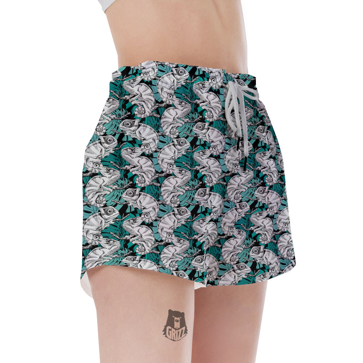 Drawing Chameleon And Monstera Leaf Print Pattern Women's Shorts-grizzshop