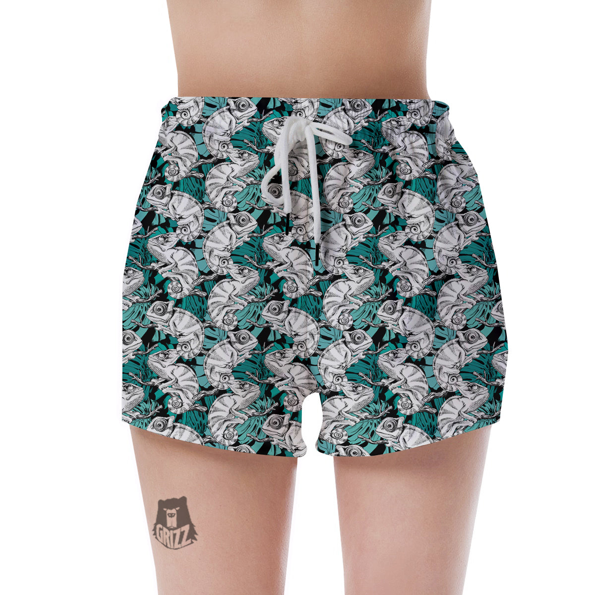 Drawing Chameleon And Monstera Leaf Print Pattern Women's Shorts-grizzshop