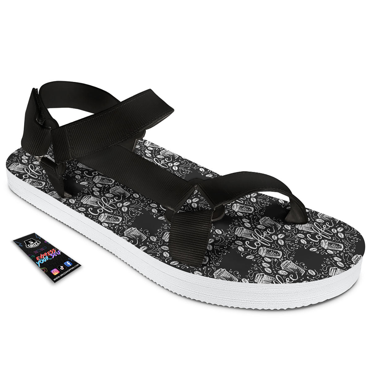 Drawing Coffee Print Pattern Black Open Toe Sandals-grizzshop