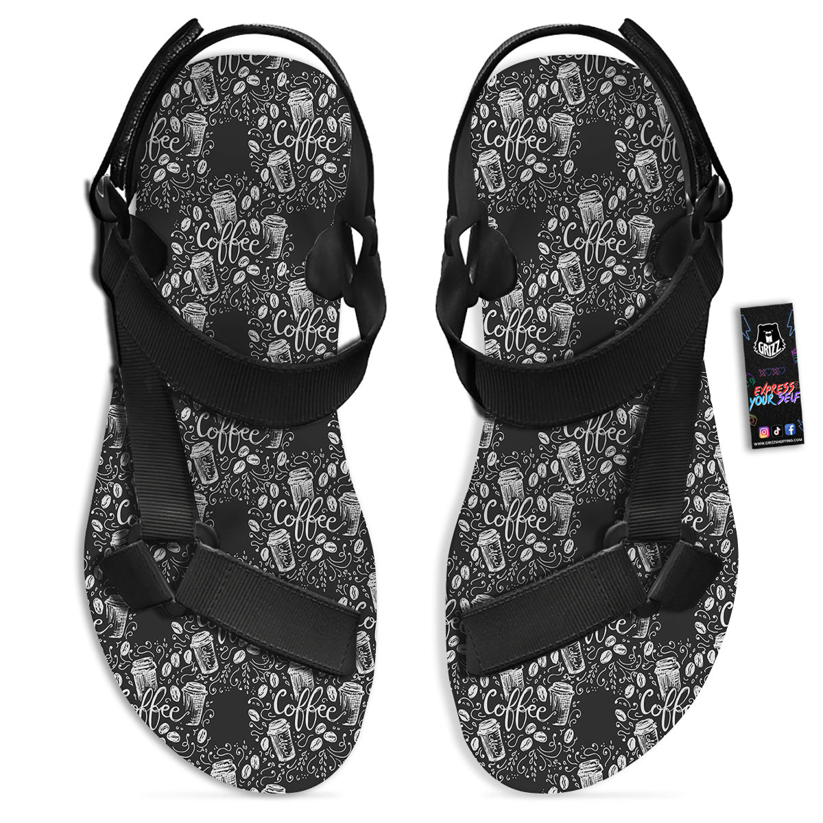 Drawing Coffee Print Pattern Black Open Toe Sandals-grizzshop