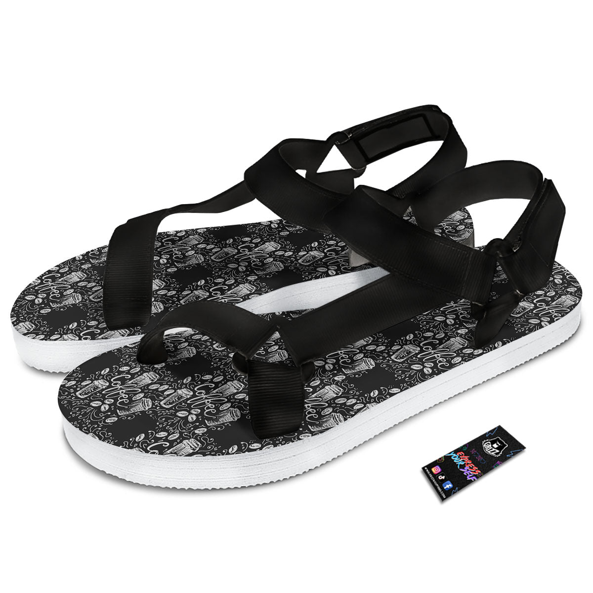 Drawing Coffee Print Pattern Black Open Toe Sandals-grizzshop