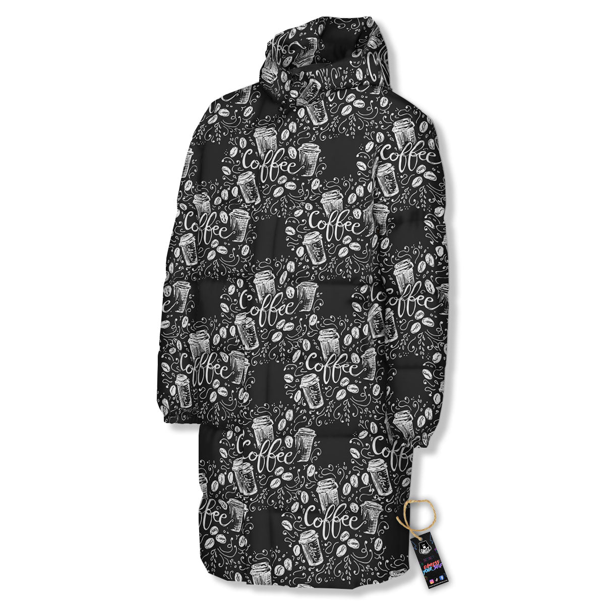 Drawing Coffee Print Pattern Long Down Jacket-grizzshop