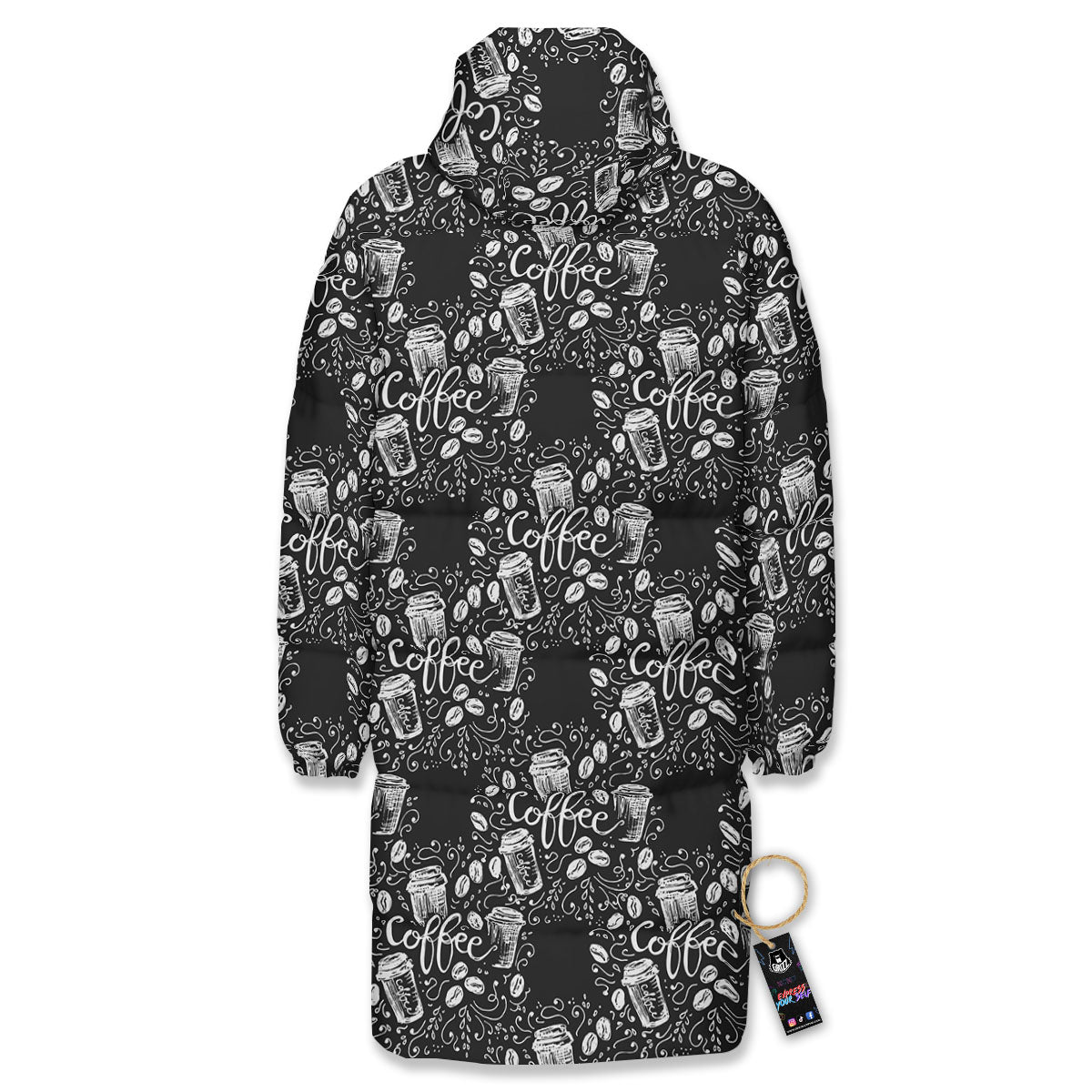 Drawing Coffee Print Pattern Long Down Jacket-grizzshop
