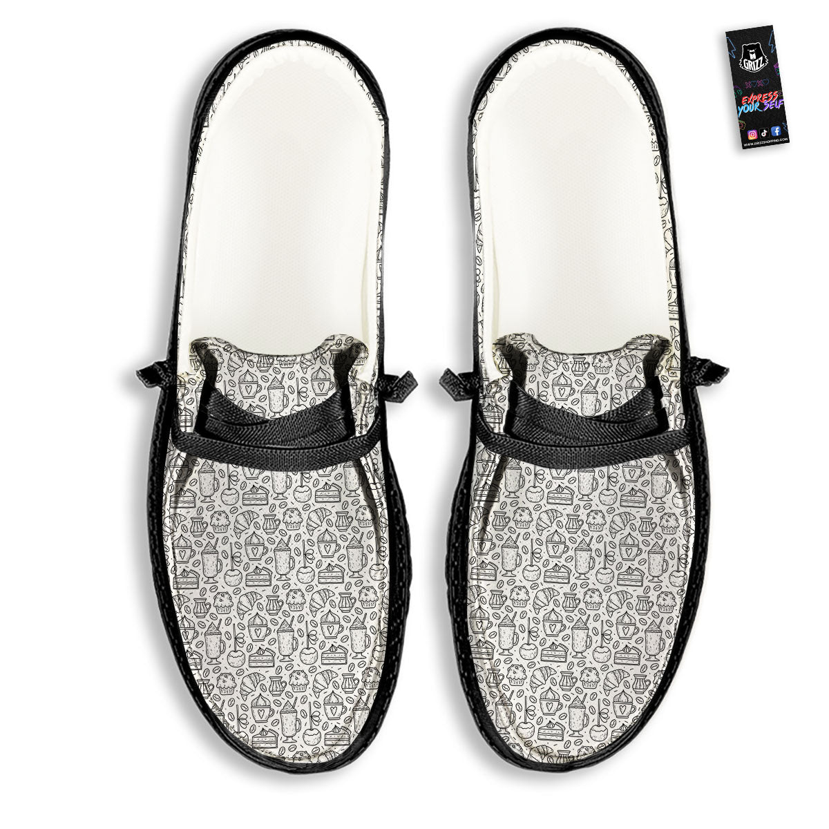 Drawing Dessert And Coffee Print Pattern Black Loafers-grizzshop