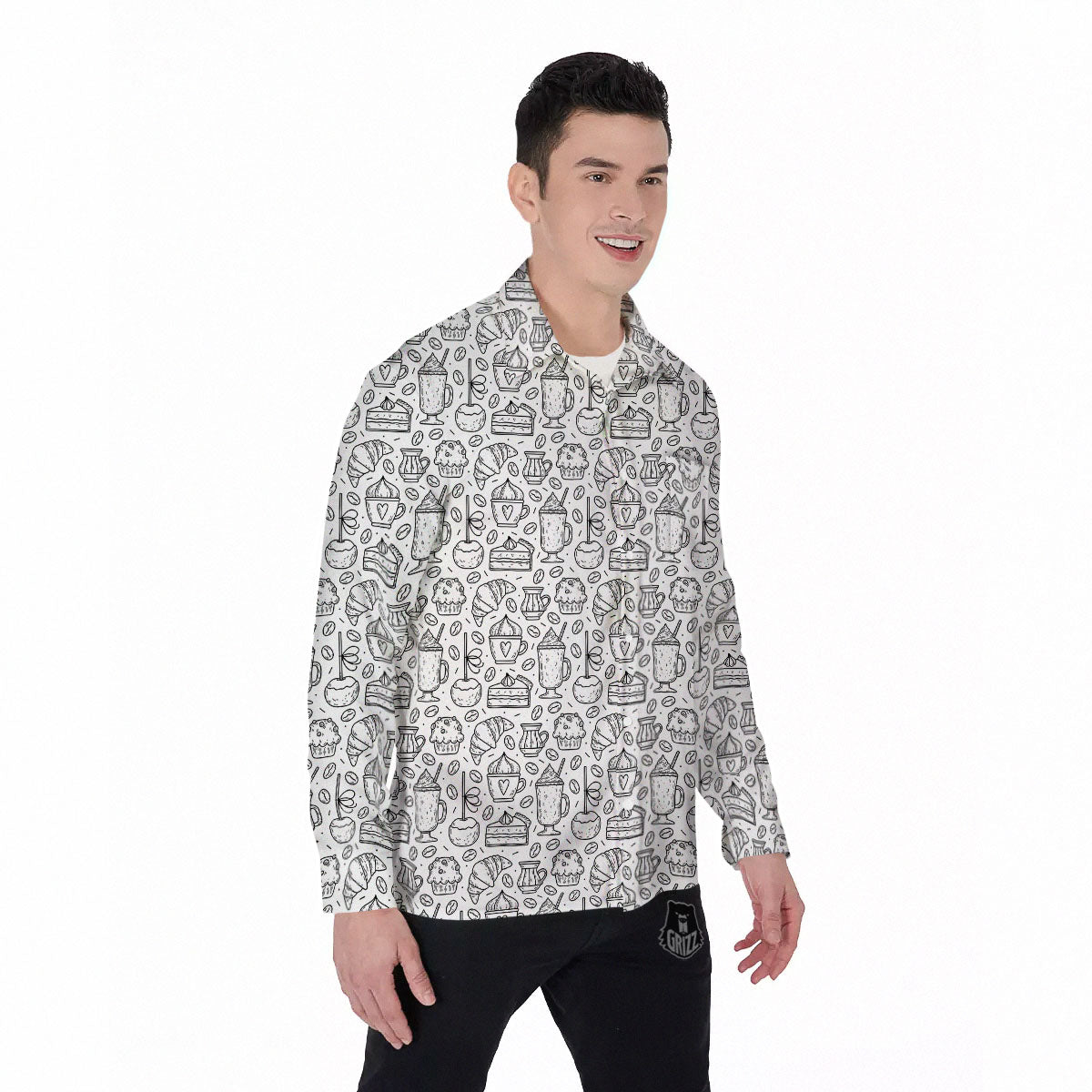 Drawing Dessert And Coffee Print Pattern Men's Long Sleeve Shirts-grizzshop
