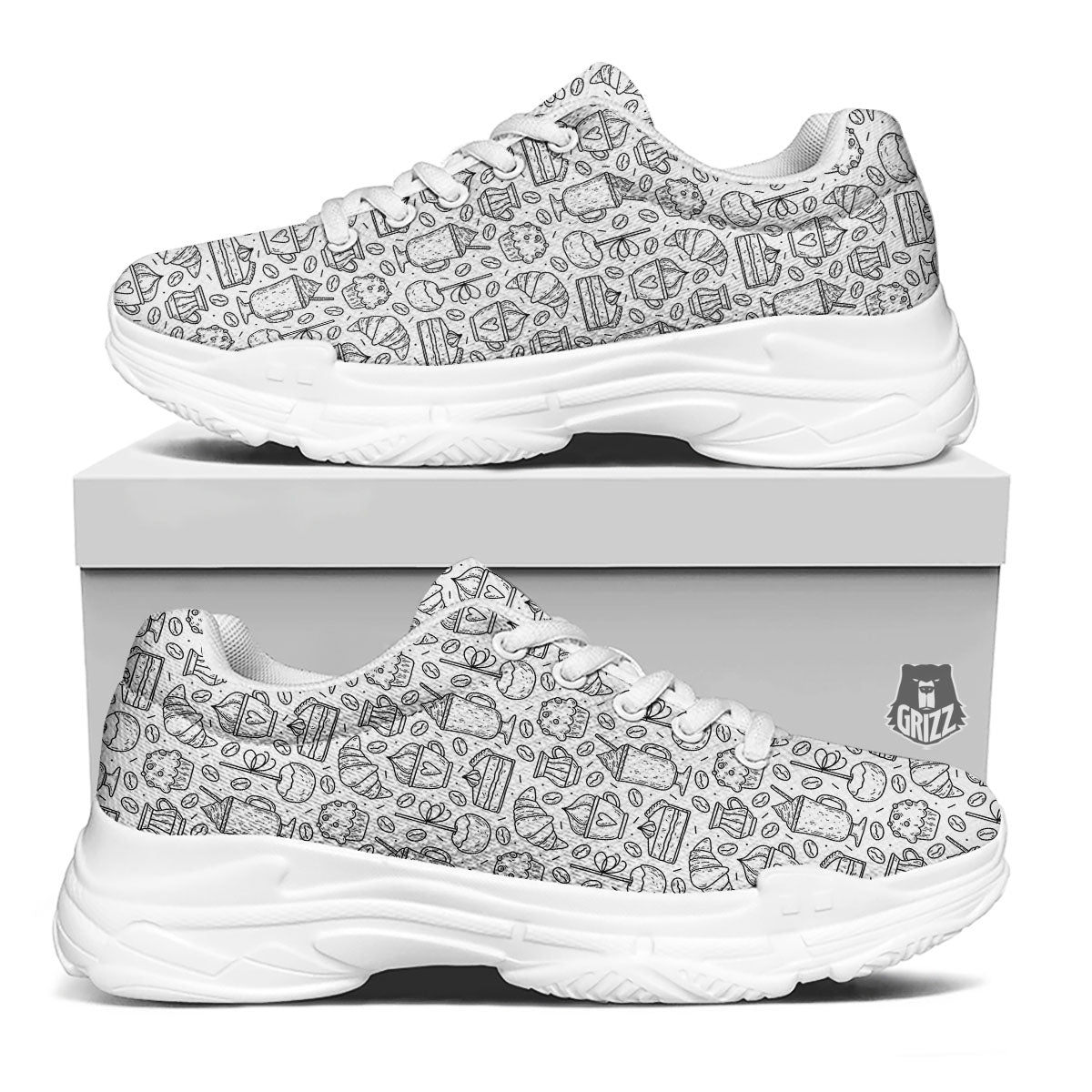 Drawing Dessert And Coffee Print Pattern White Chunky Shoes-grizzshop