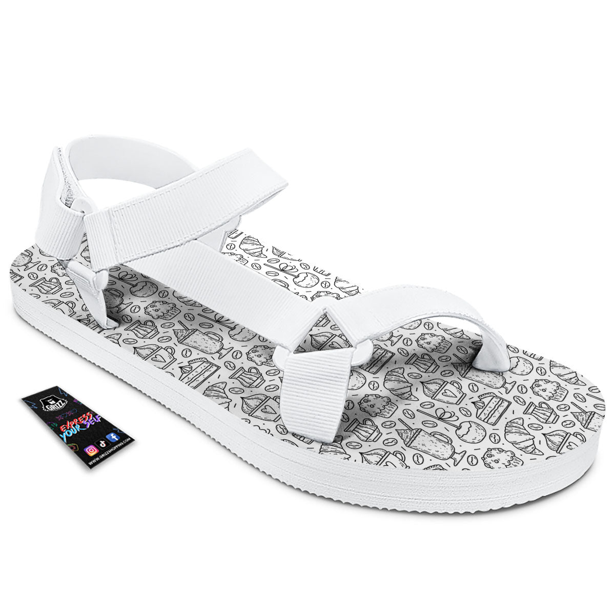 Drawing Dessert And Coffee Print Pattern White Open Toe Sandals-grizzshop