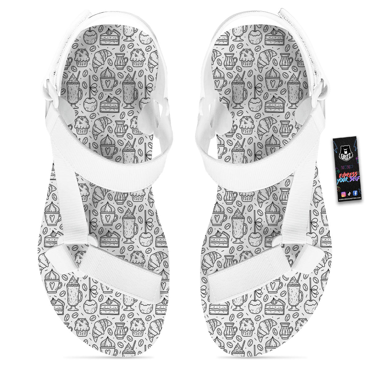 Drawing Dessert And Coffee Print Pattern White Open Toe Sandals-grizzshop