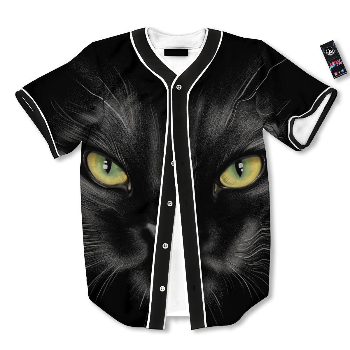 Drawing Portrait Black Cat Print Baseball Jersey-grizzshop