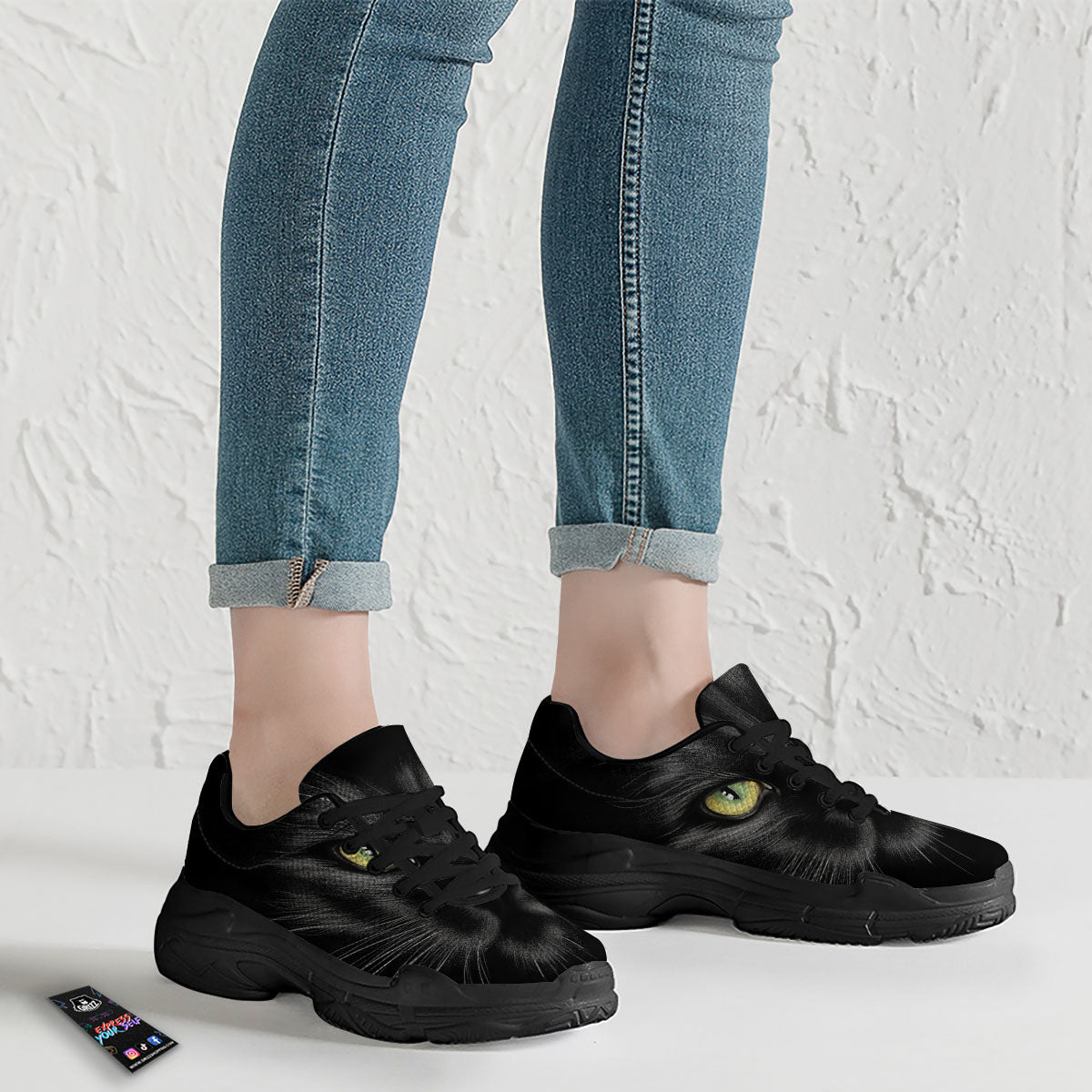 Drawing Portrait Black Cat Print Black Chunky Shoes-grizzshop