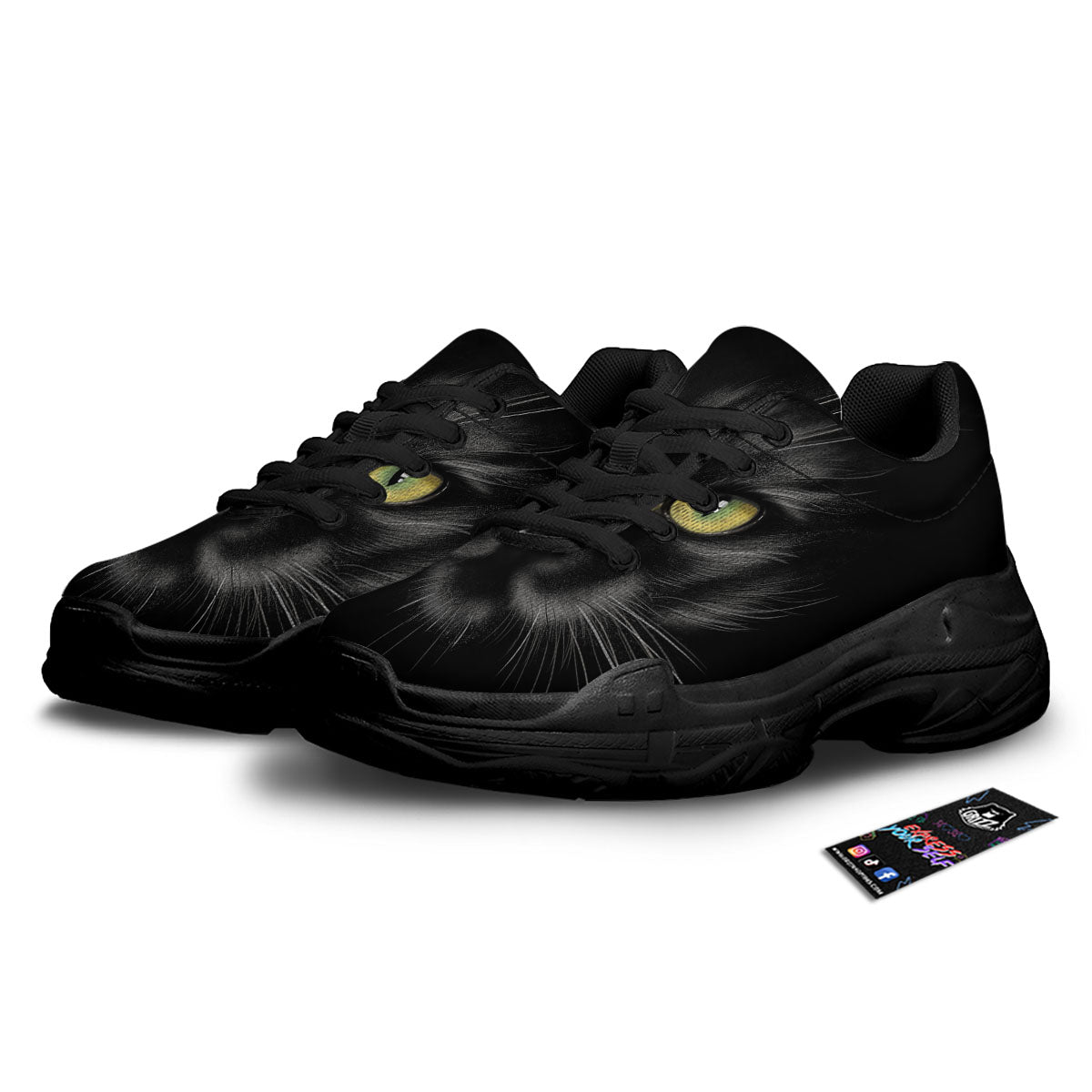 Drawing Portrait Black Cat Print Black Chunky Shoes-grizzshop