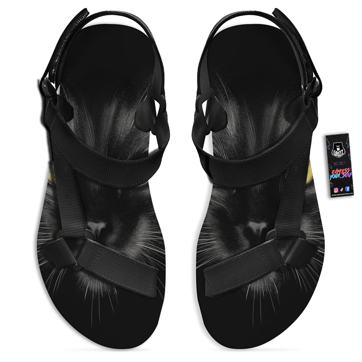 Drawing Portrait Black Cat Print Black Open Toe Sandals-grizzshop