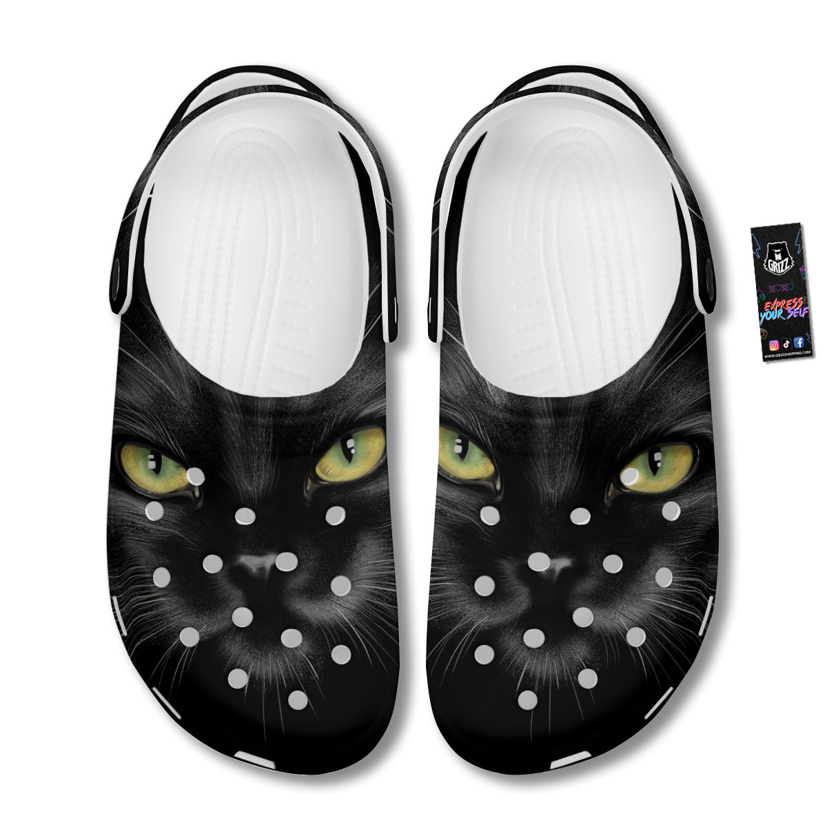 Drawing Portrait Black Cat Print Clog-grizzshop