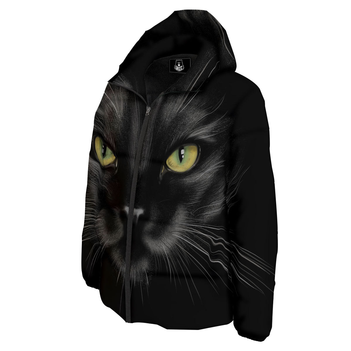 Drawing Portrait Black Cat Print Down Jacket-grizzshop