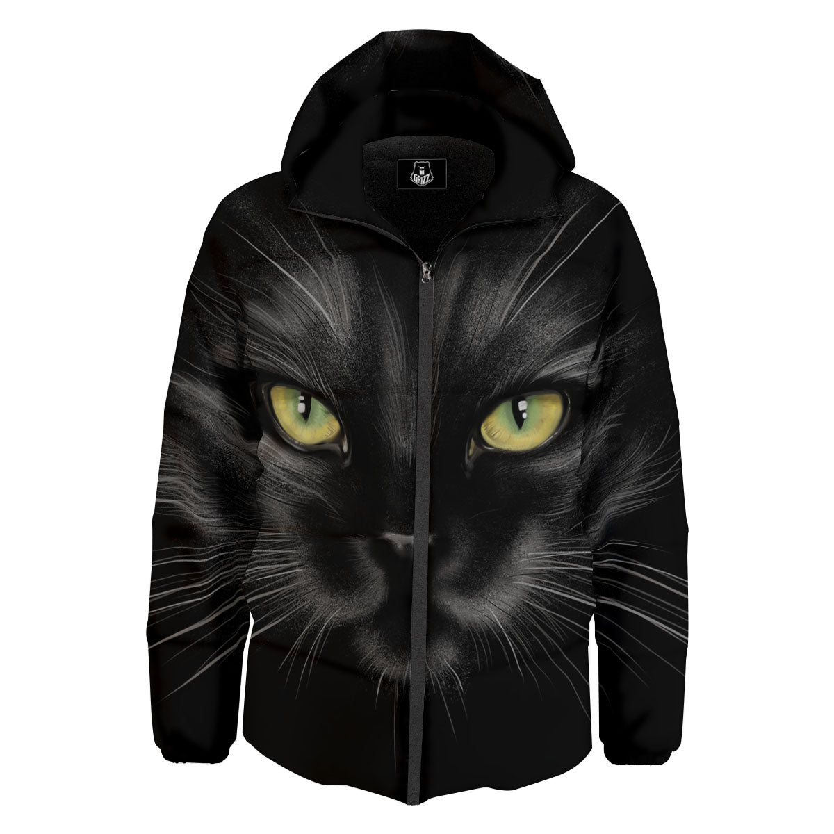 Drawing Portrait Black Cat Print Down Jacket-grizzshop