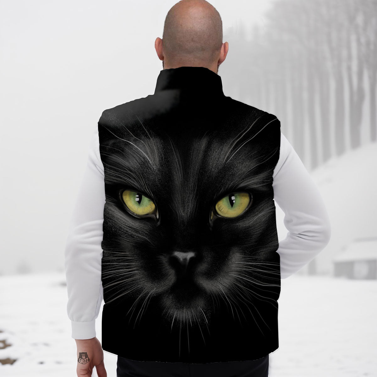 Drawing Portrait Black Cat Print Down Vest