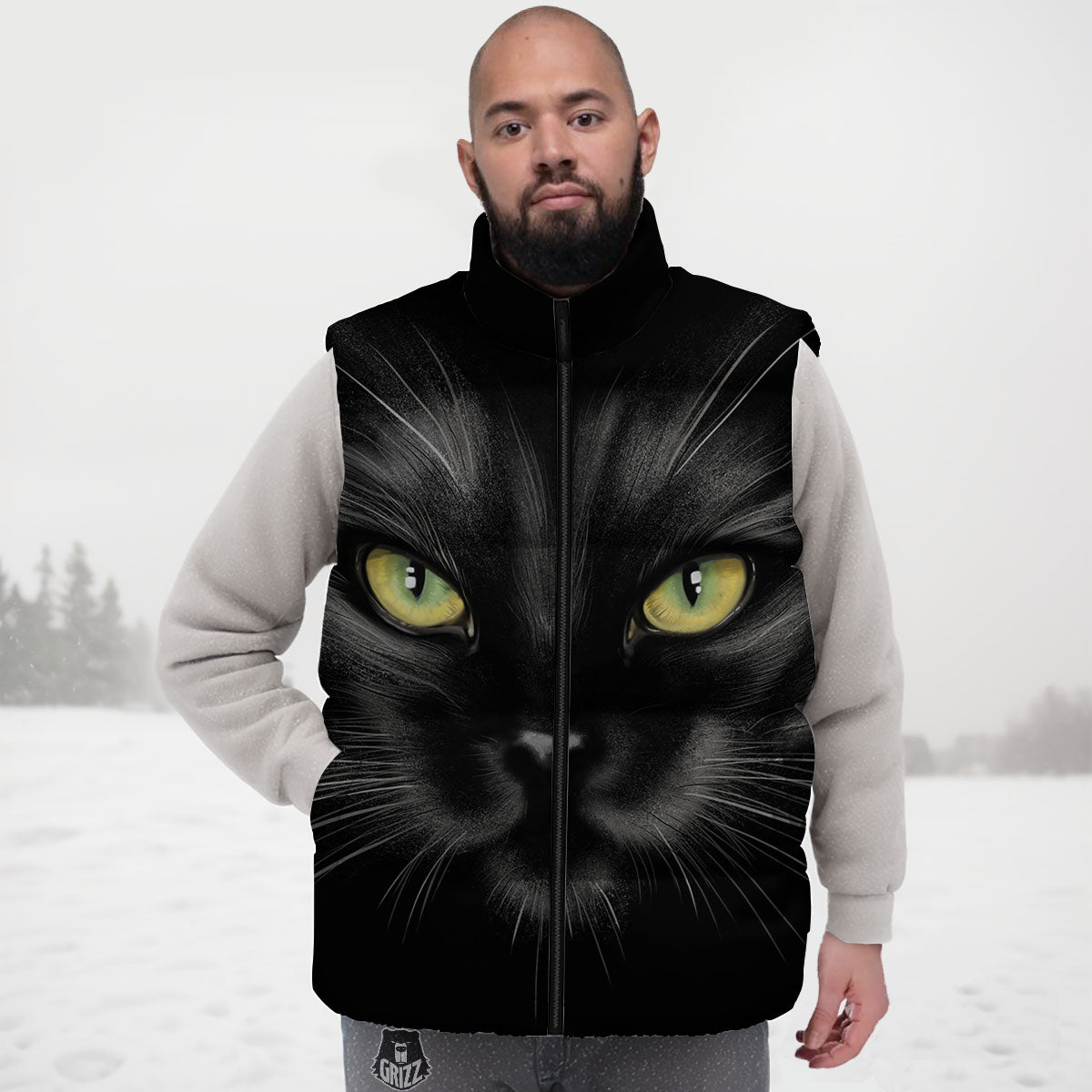 Drawing Portrait Black Cat Print Down Vest