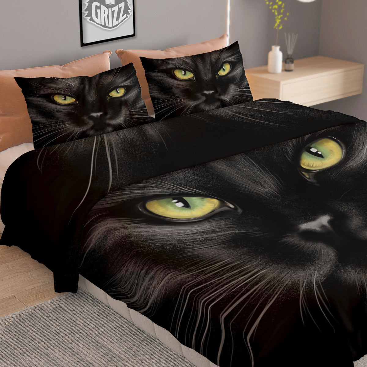 Drawing Portrait Black Cat Print Duvet Cover Bedding Set