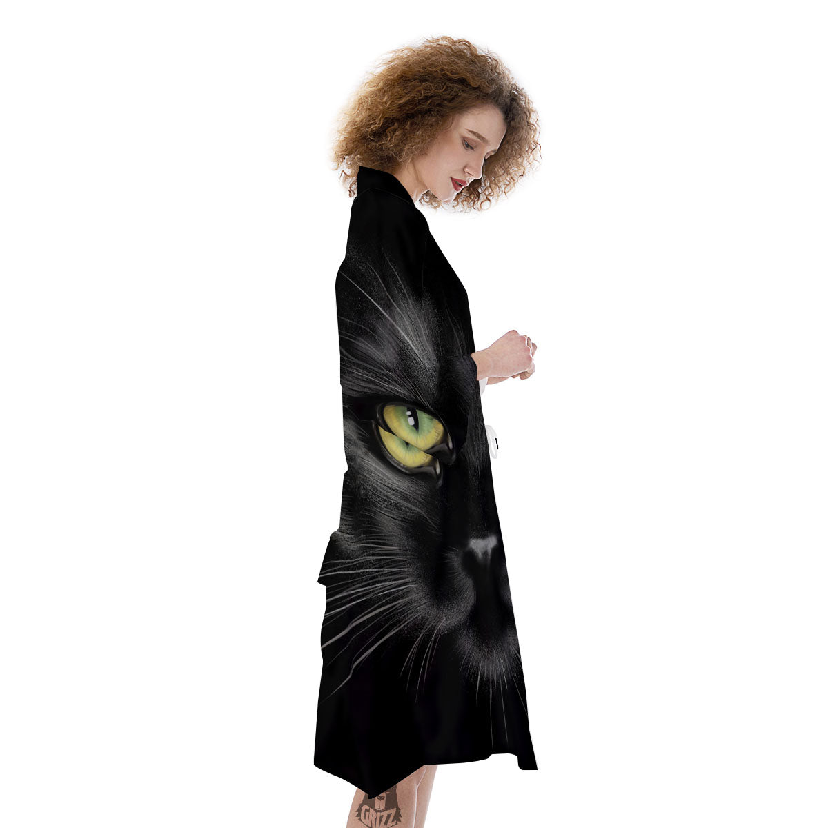Drawing Portrait Black Cat Print Kimono-grizzshop