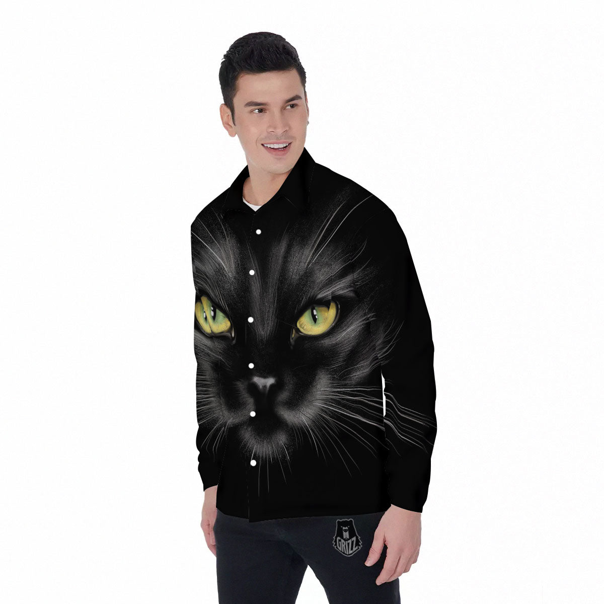 Drawing Portrait Black Cat Print Men's Long Sleeve Shirts-grizzshop