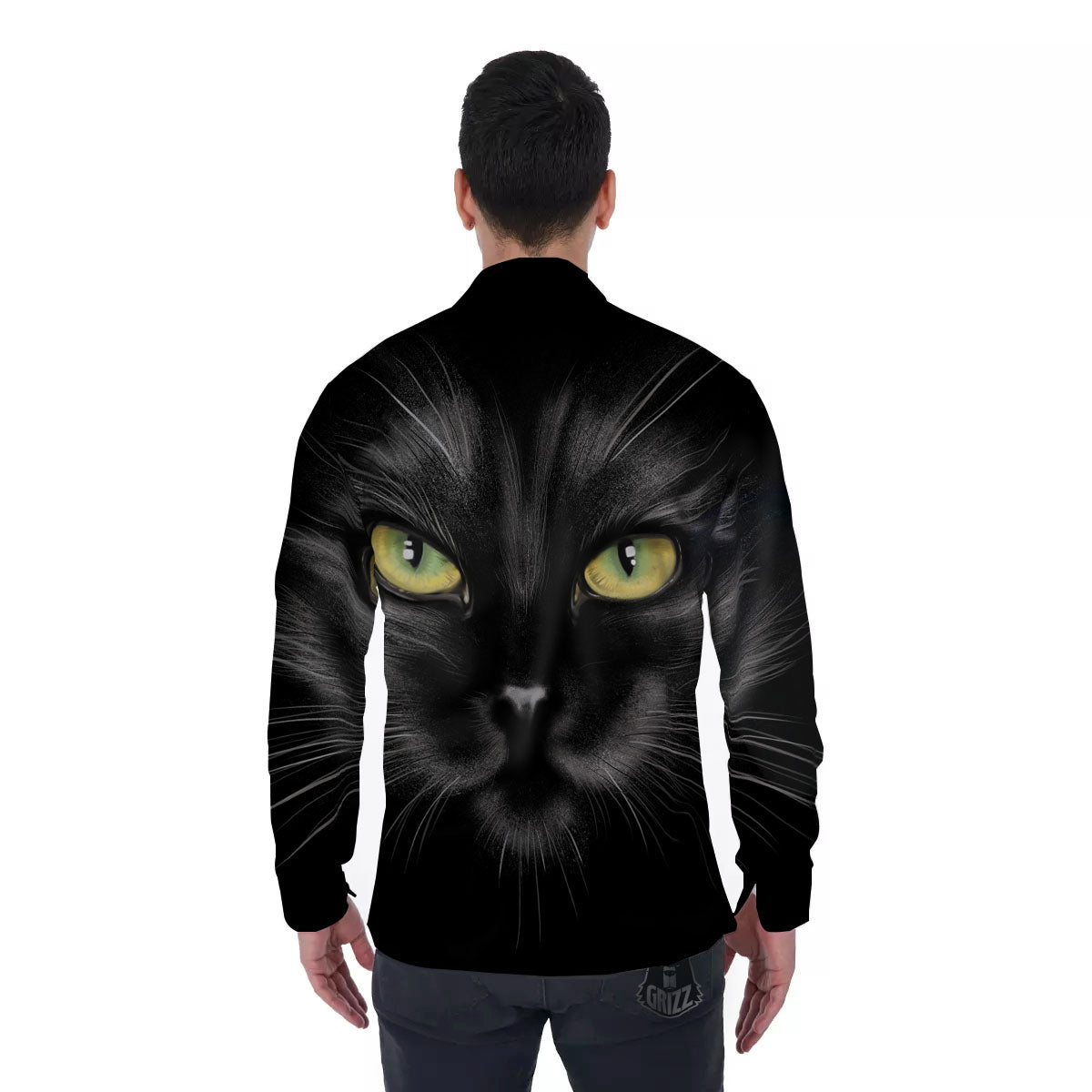 Drawing Portrait Black Cat Print Men's Long Sleeve Shirts-grizzshop