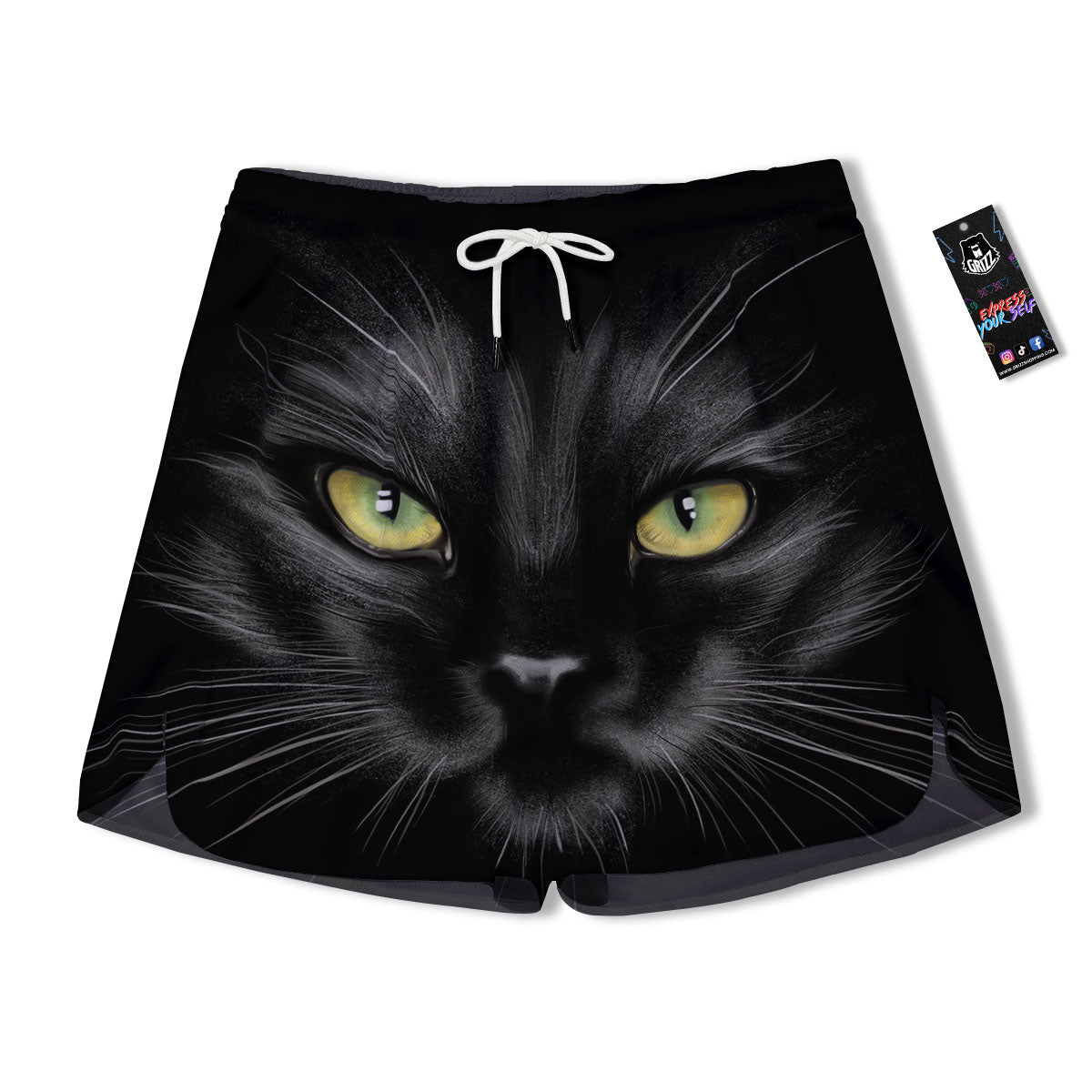 Drawing Portrait Black Cat Print Men's Running Shorts-grizzshop