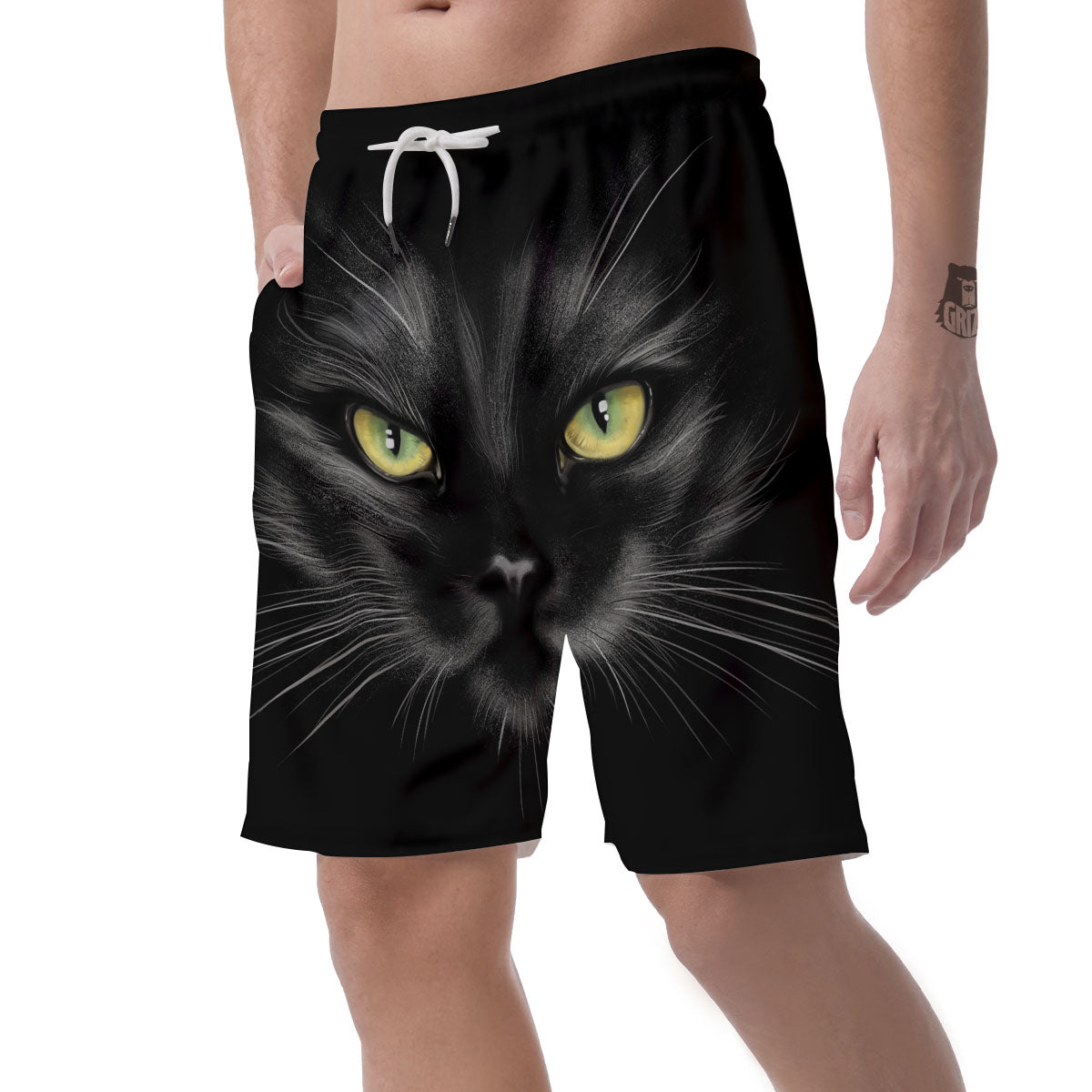 Drawing Portrait Black Cat Print Men's Shorts-grizzshop