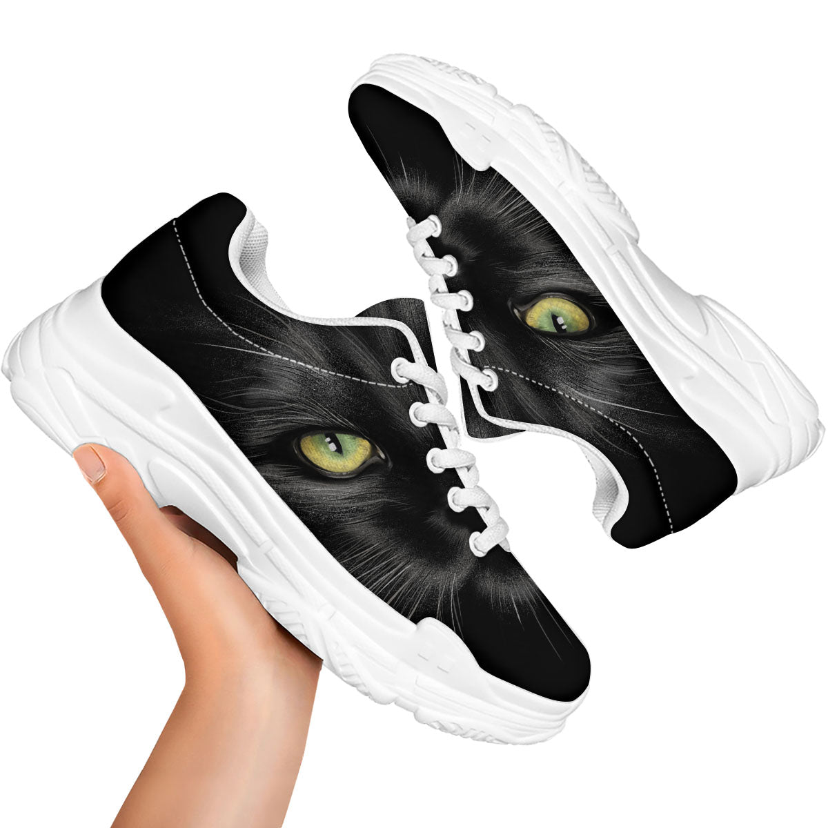 Drawing Portrait Black Cat Print White Chunky Shoes-grizzshop