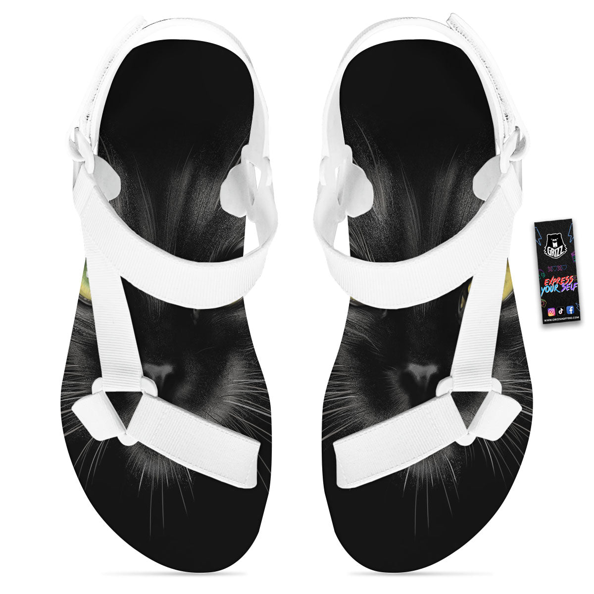 Drawing Portrait Black Cat Print White Open Toe Sandals-grizzshop