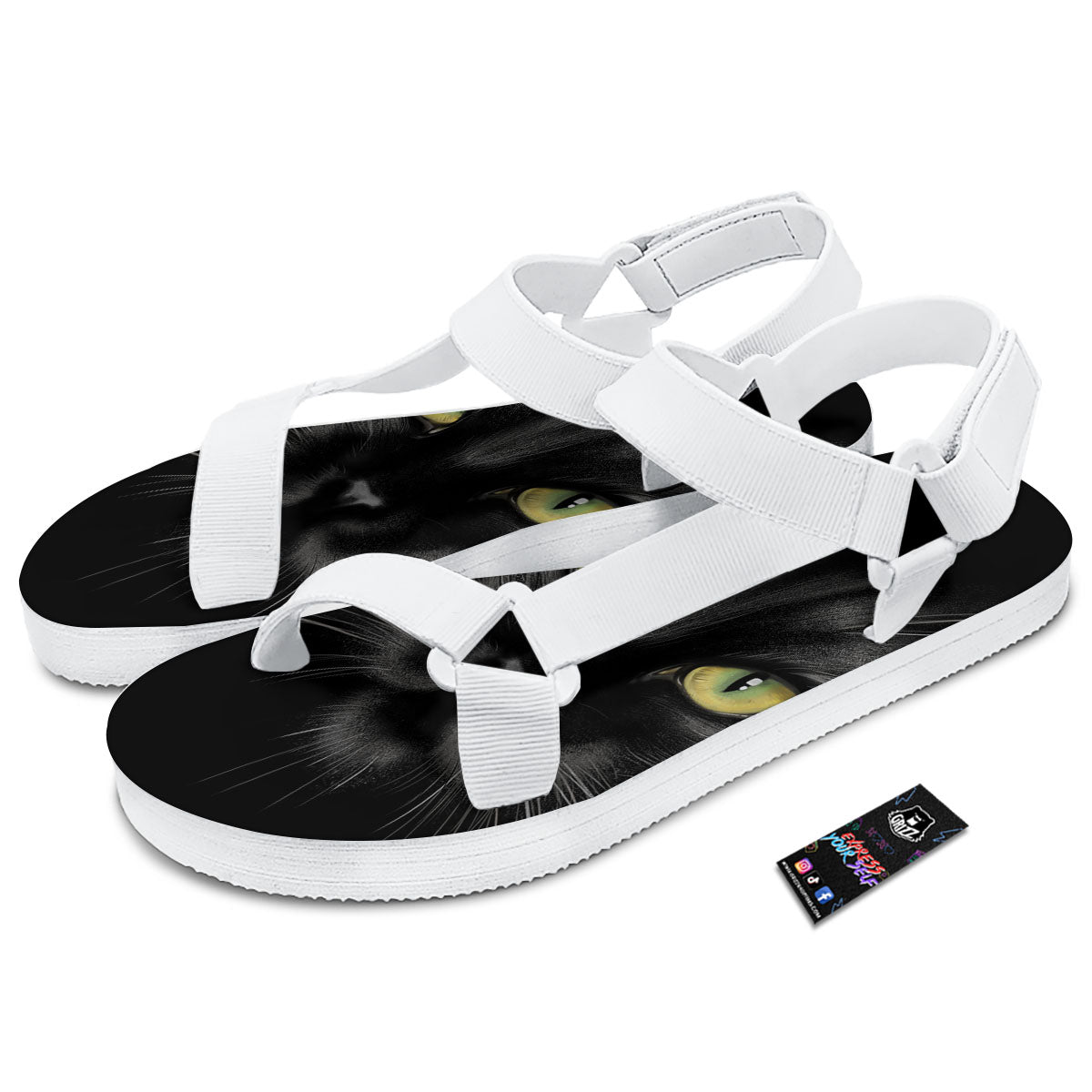Drawing Portrait Black Cat Print White Open Toe Sandals-grizzshop
