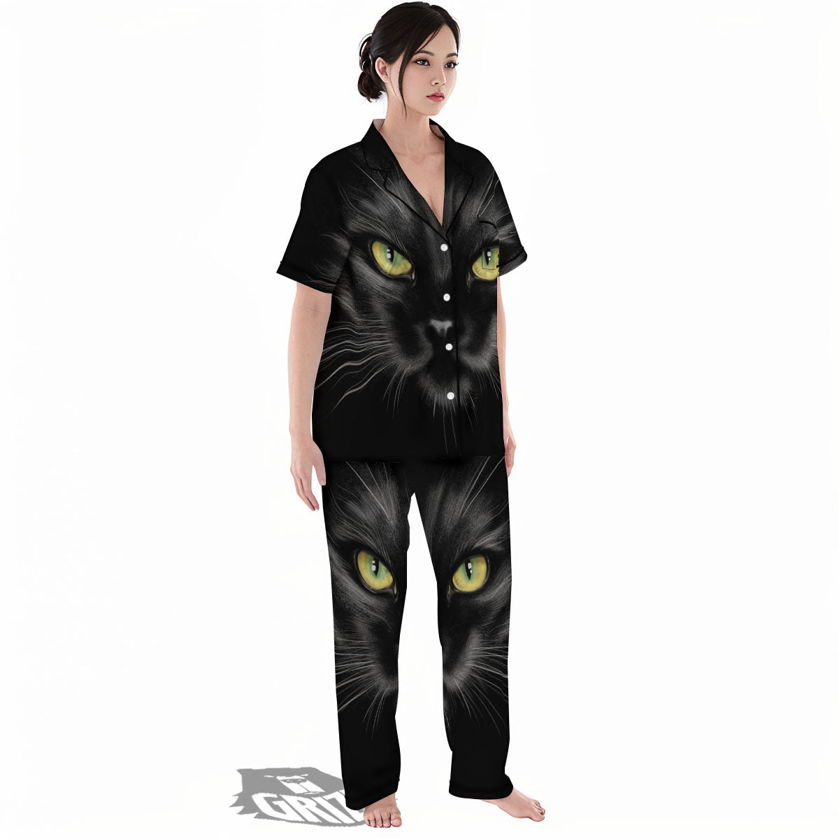 Drawing Portrait Black Cat Print Women's Pajamas Set-grizzshop