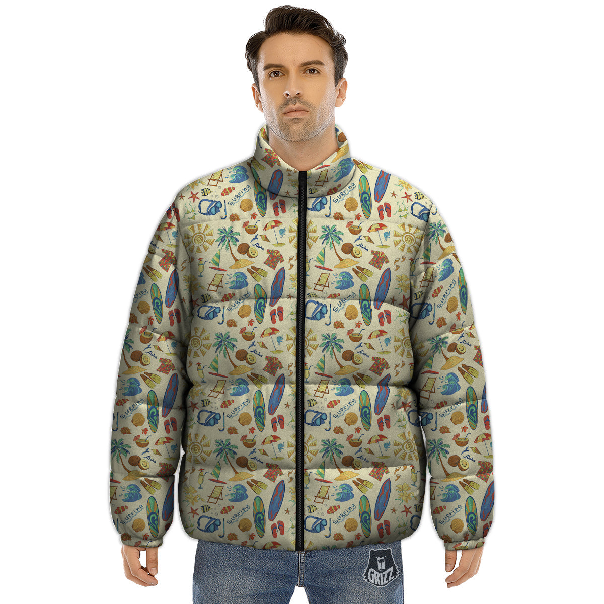 Drawing Summer Color Print Pattern Puffer Jacket-grizzshop