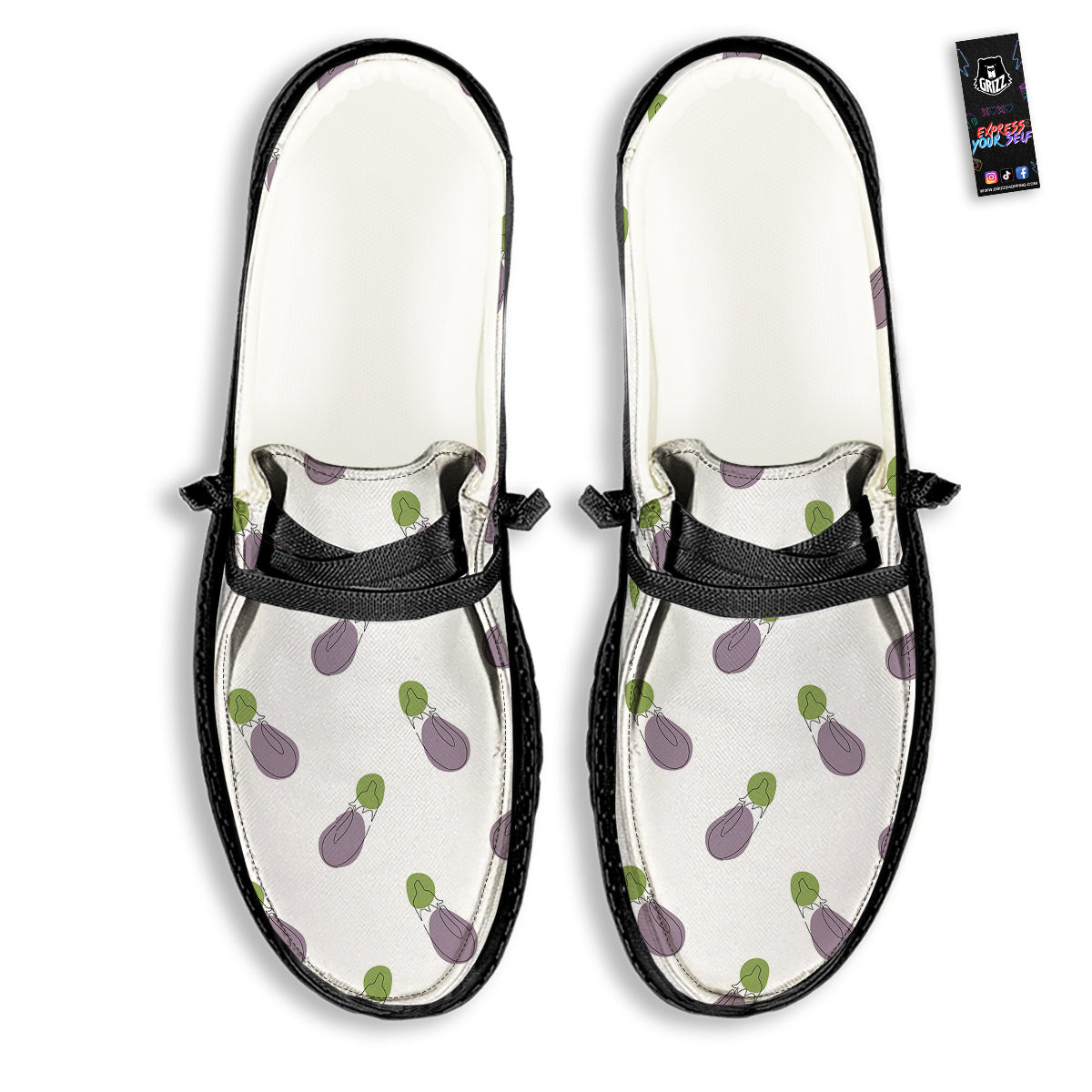 Drawing White Eggplant Print Pattern Black Loafers-grizzshop