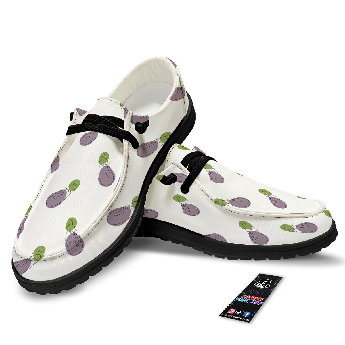 Drawing White Eggplant Print Pattern Black Loafers-grizzshop