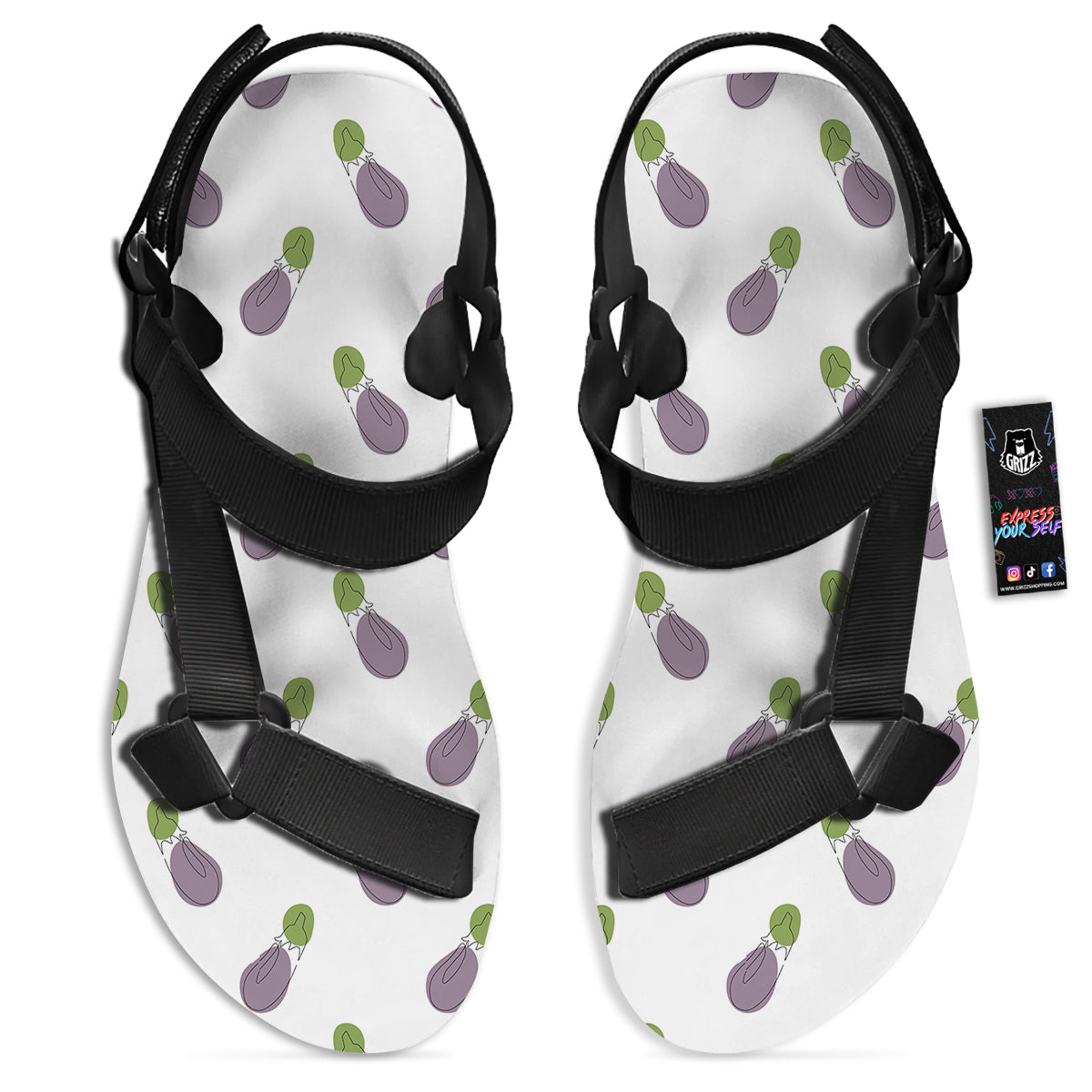Drawing White Eggplant Print Pattern Black Open Toe Sandals-grizzshop