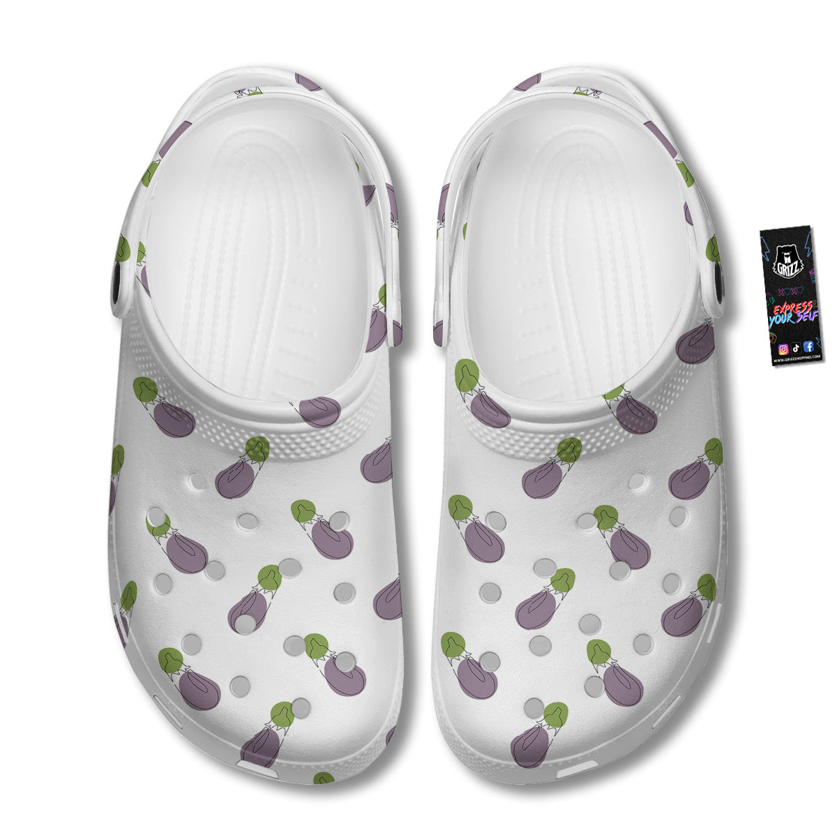 Drawing White Eggplant Print Pattern Clog-grizzshop