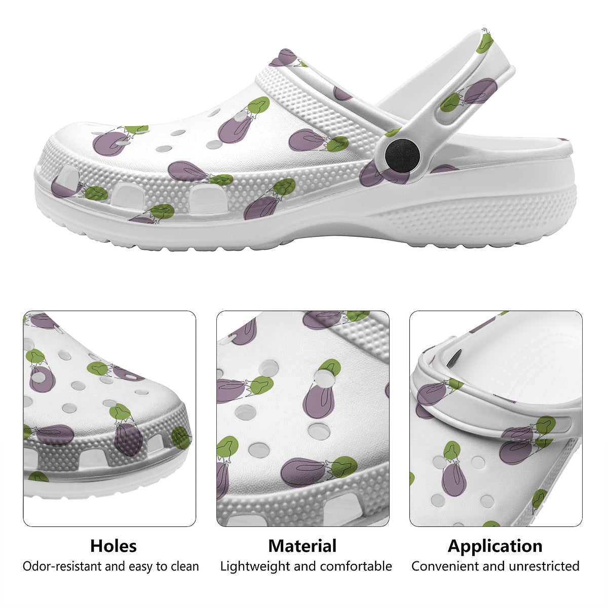 Drawing White Eggplant Print Pattern Clog-grizzshop