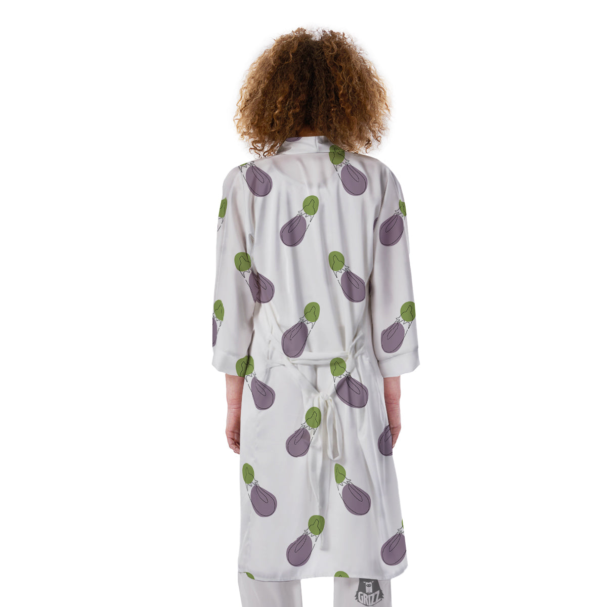Drawing White Eggplant Print Pattern Kimono-grizzshop