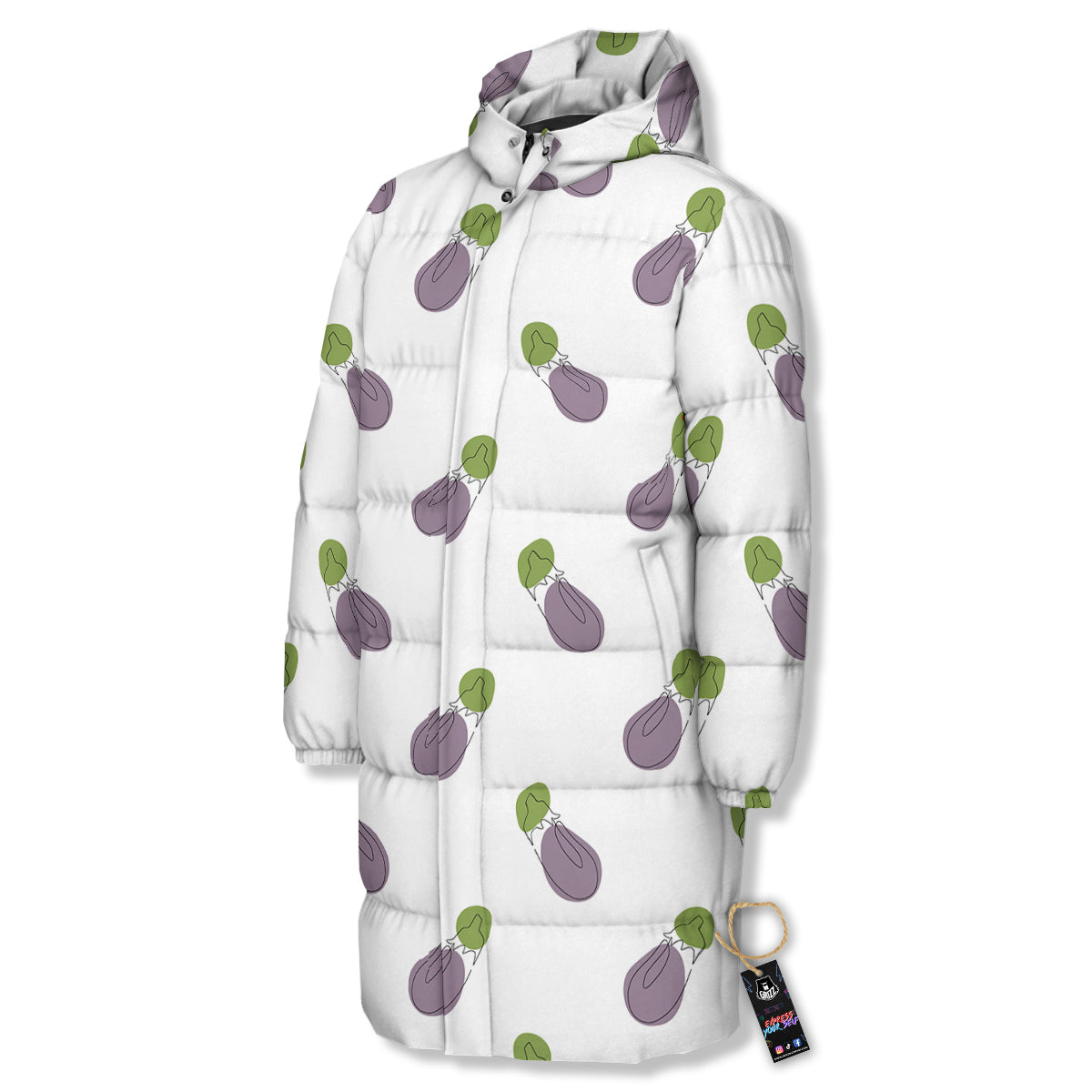 Drawing White Eggplant Print Pattern Long Down Jacket-grizzshop