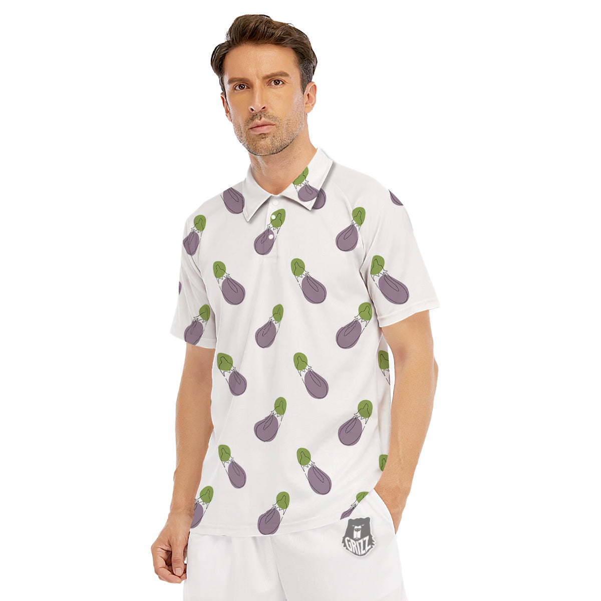 Drawing White Eggplant Print Pattern Men's Golf Shirts-grizzshop