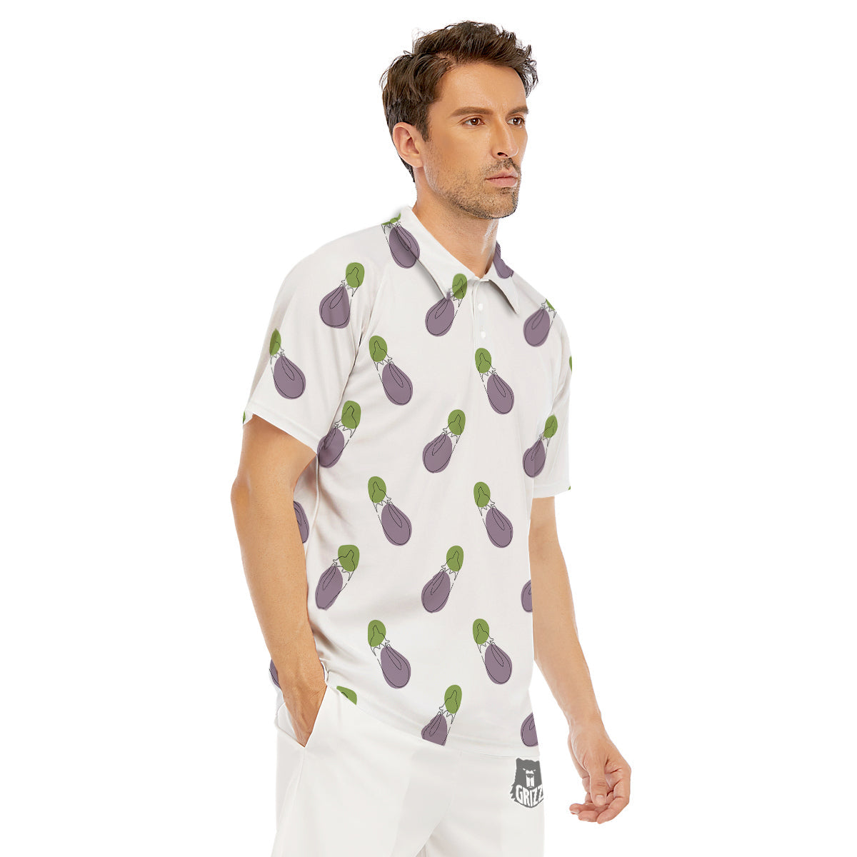 Drawing White Eggplant Print Pattern Men's Golf Shirts-grizzshop