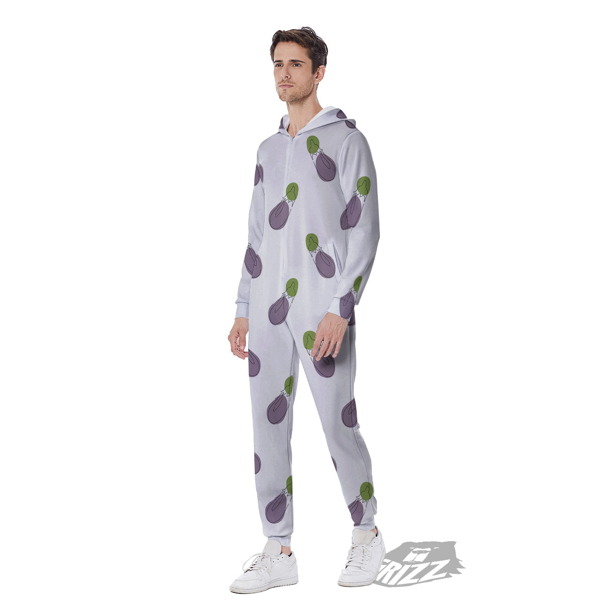 Drawing White Eggplant Print Pattern Men's Jumpsuit-grizzshop