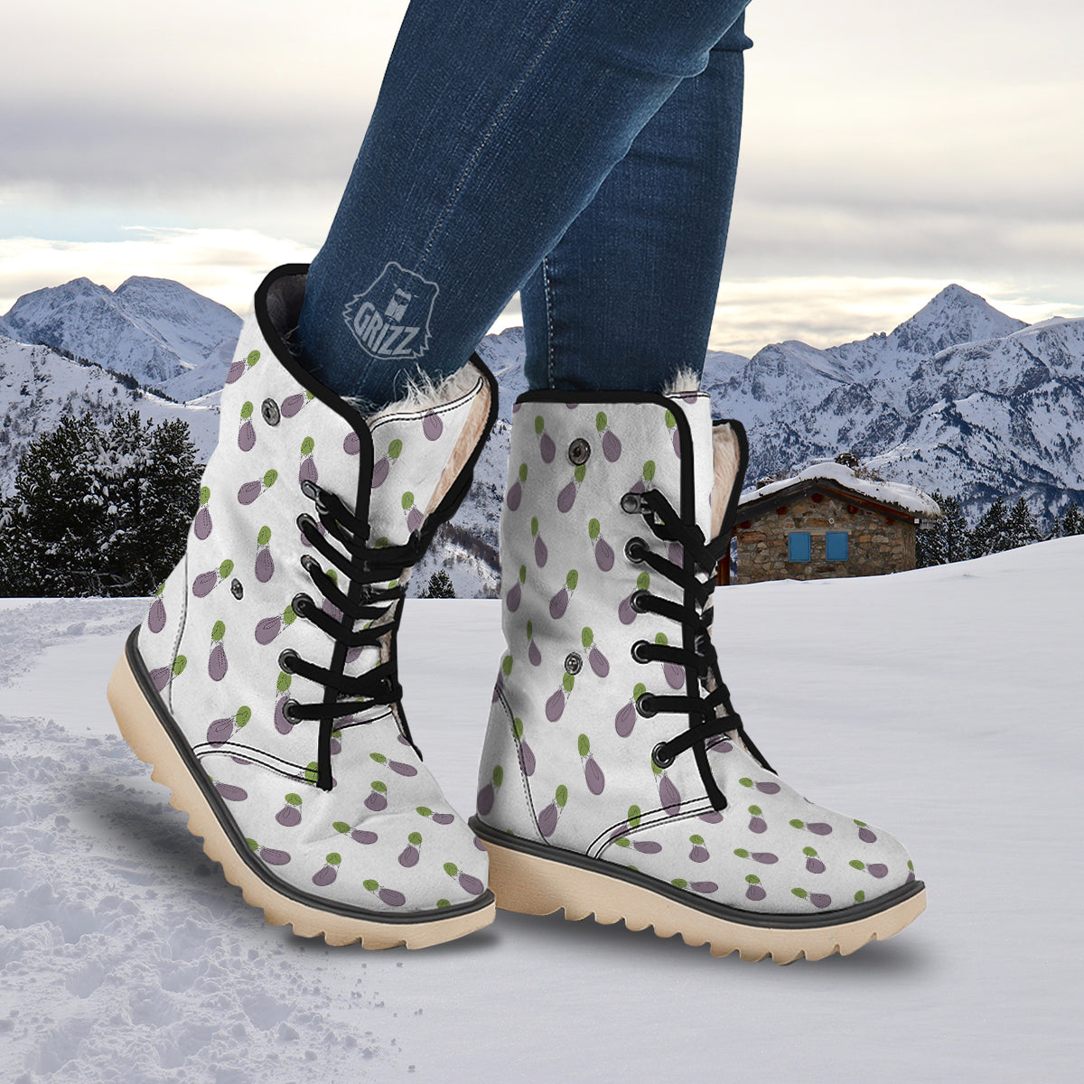 Drawing White Eggplant Print Pattern Snow Boots-grizzshop